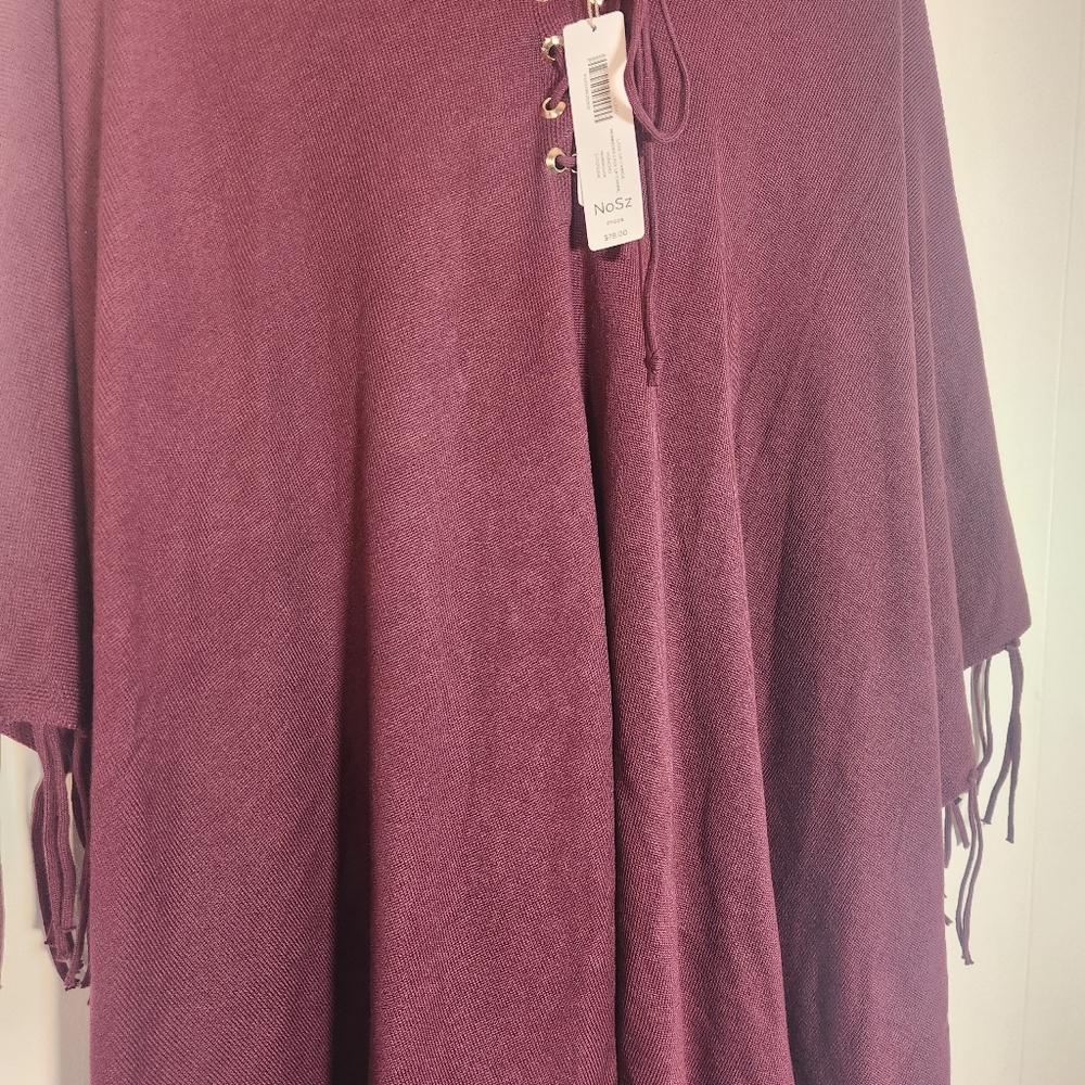 Chicos Monrovia Lace-up Fringe Poncho Shrug One Size Maroon Burgundy - Picture 14 of 14